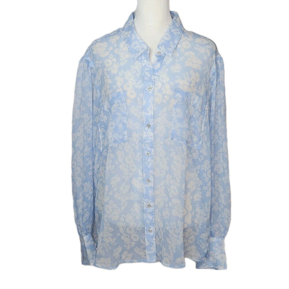 Abercrombie & Fitch Sheer Blue White Floral Button Up Blouse Long Sleeve Large